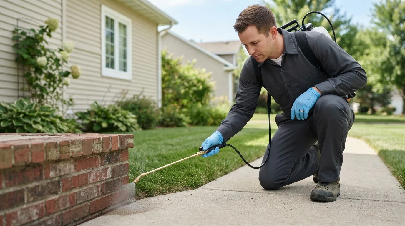 Pest control technician treating a home near Fresno, TX